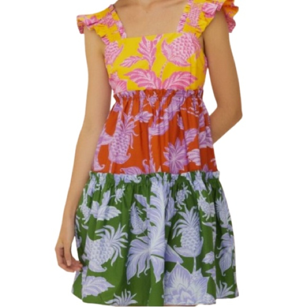 FARM Rio Yellow Pink Orange Green Tiered Pineapple Mini Dress